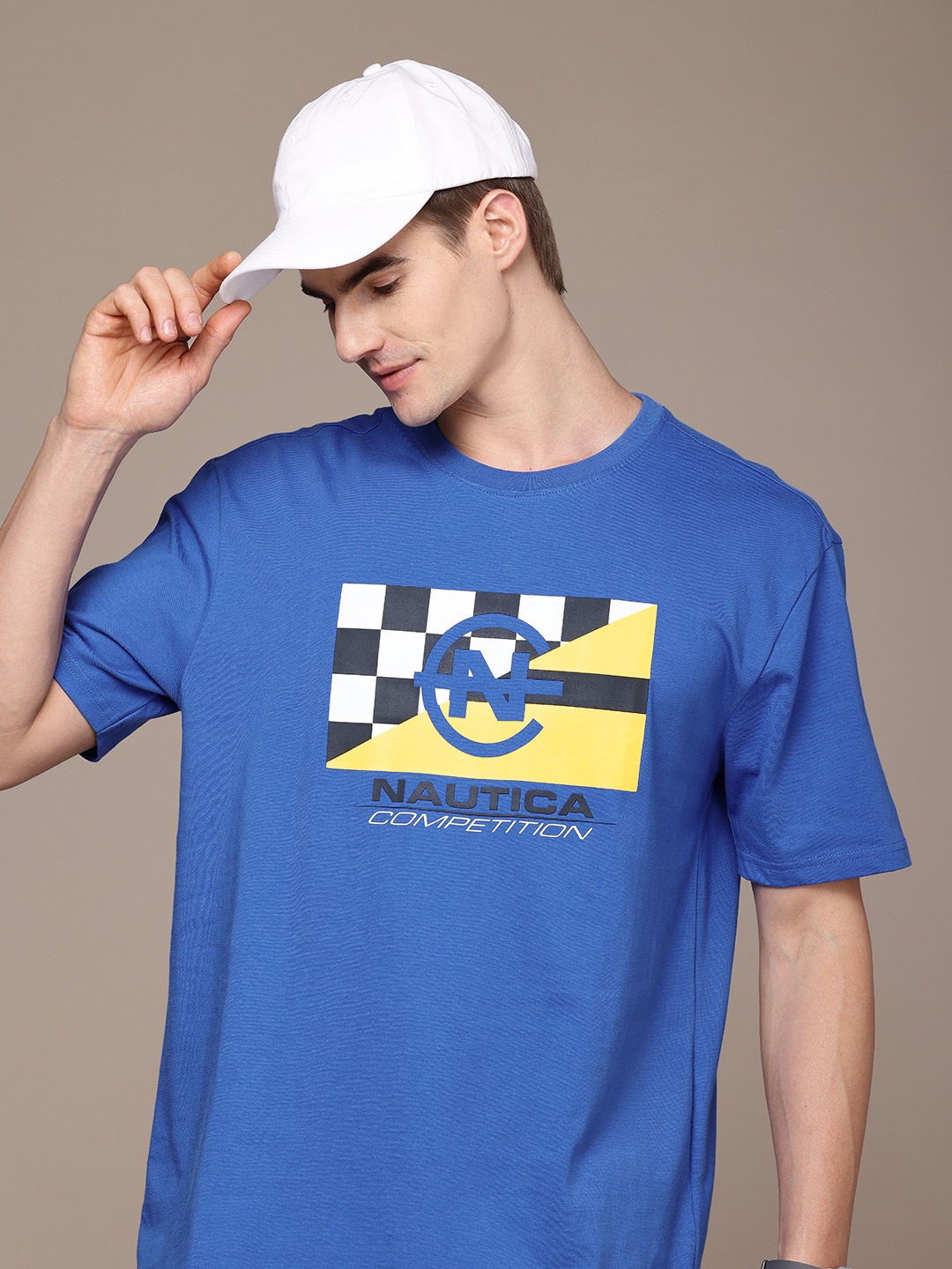 

Nautica High IQ Brand Logo Printed Drop-Shoulder Sleeves Pure Cotton T-shirt, Blue