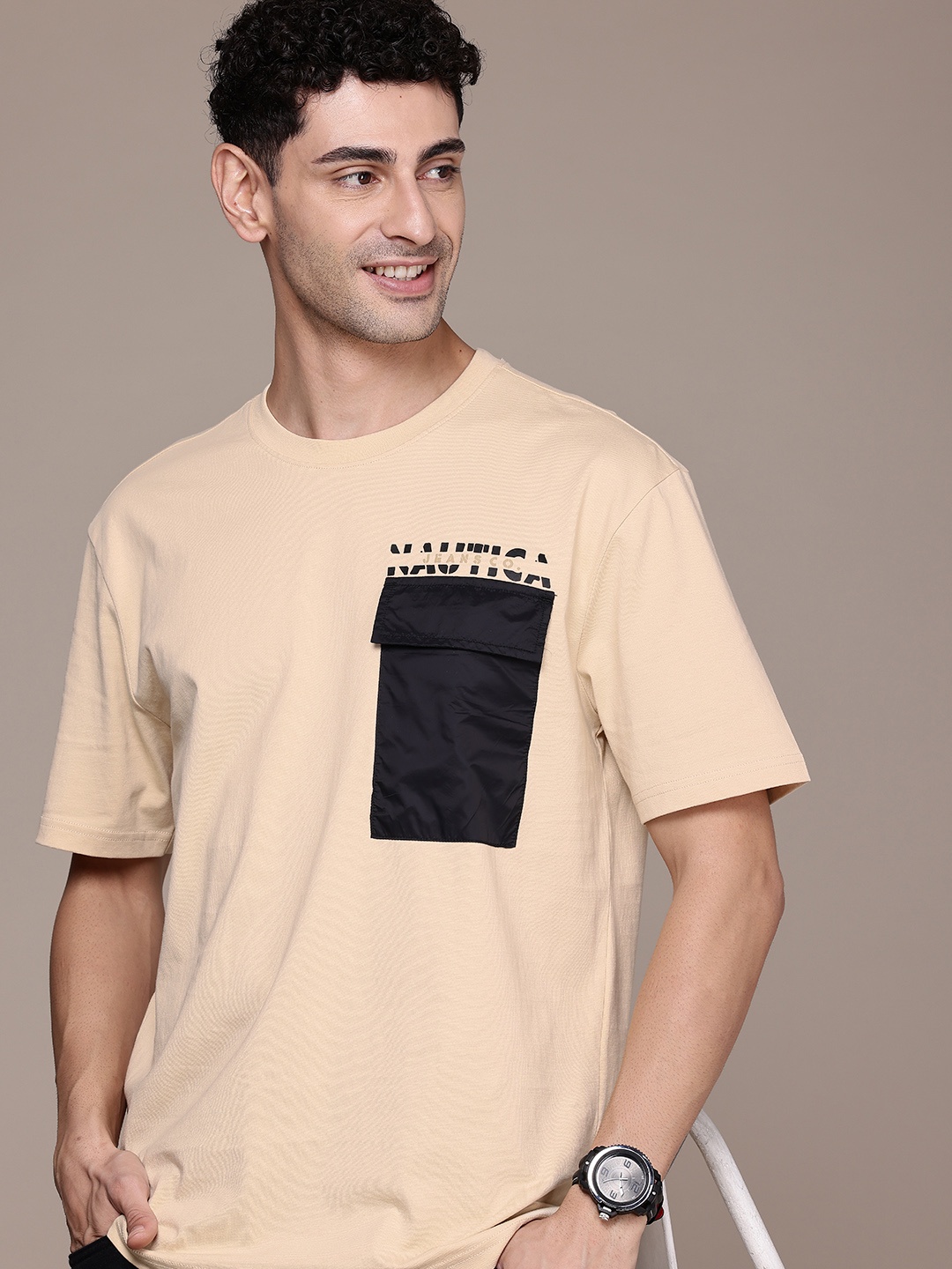 

Nautica Drop-Shoulder Sleeves Pure Cotton With Contrast Pocket T-shirt, Beige