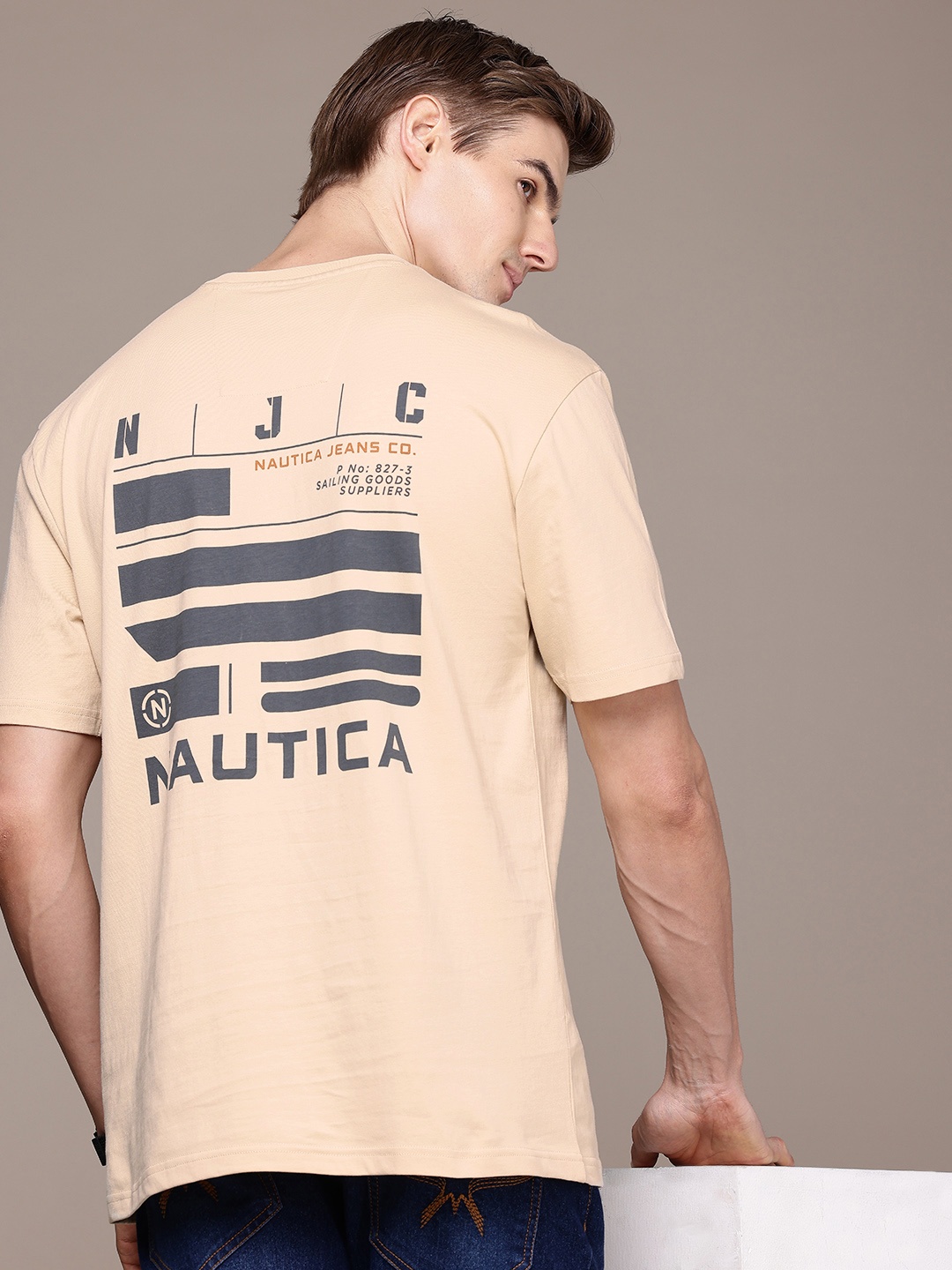 

Nautica Brand Logo Printed Drop-Shoulder Sleeves Pure Cotton T-shirt, Beige