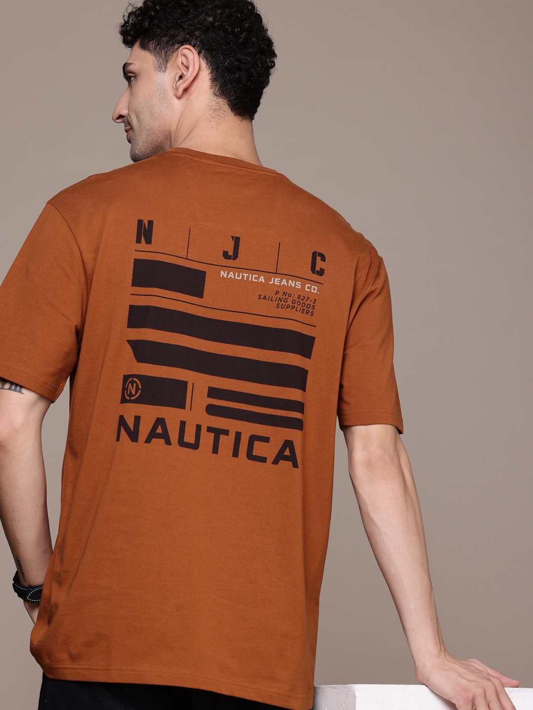 

Nautica Brand Logo Printed Drop-Shoulder Sleeves Pure Cotton T-shirt, Brown