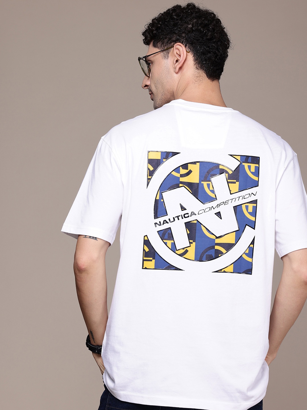 

Nautica Printed Drop-Shoulder Sleeves Pure Cotton T-shirt, White