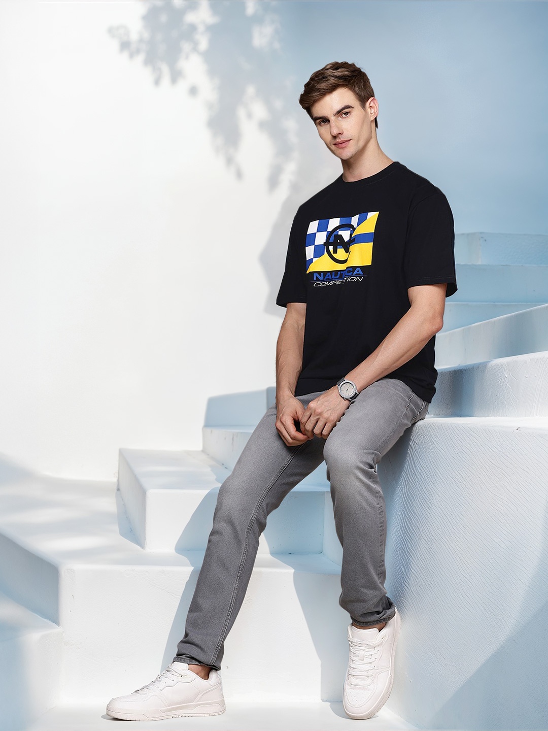 

Nautica High IQ Brand Logo Printed Pure Cotton T-shirt, Black