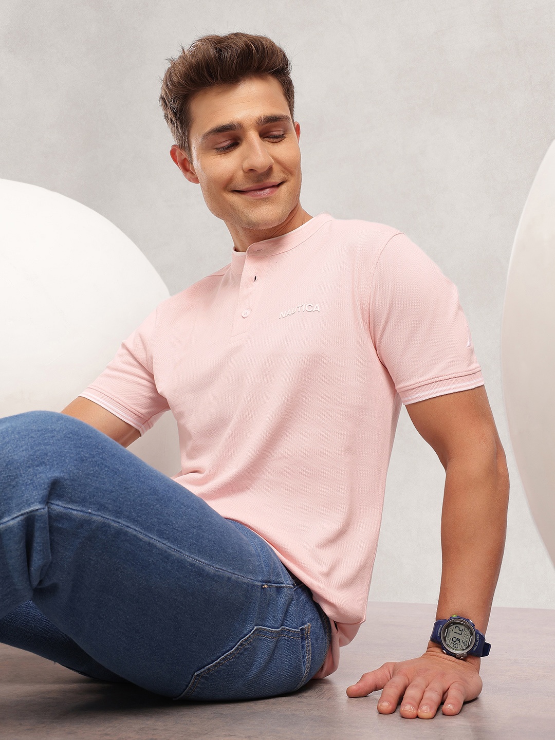 

Nautica Band Collar Pure Cotton T-shirt, Pink