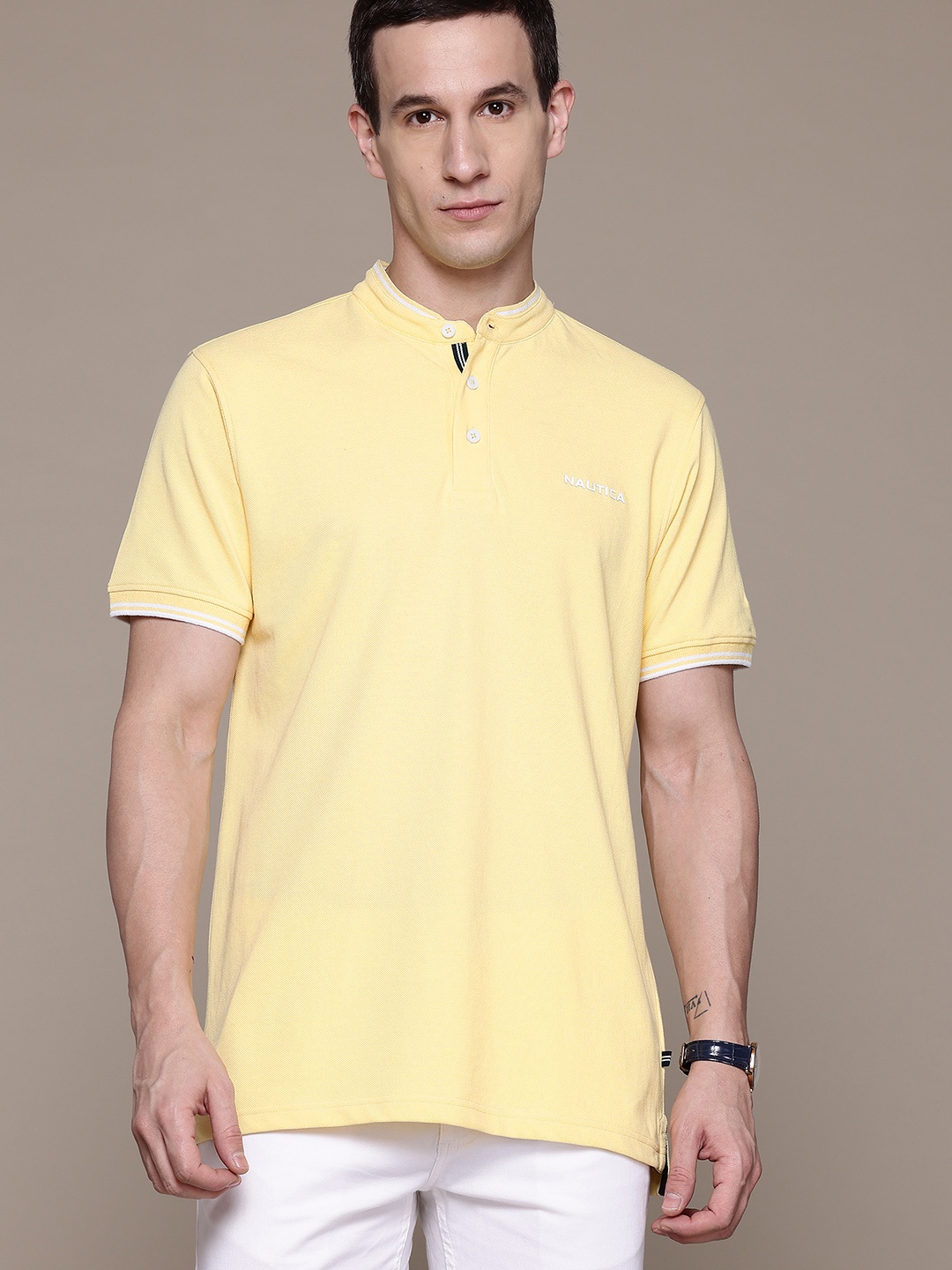 

Nautica Mandarin Collar Pure Cotton T-shirt, Yellow