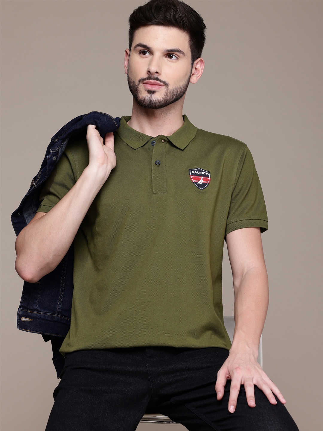 

Nautica Men Polo Collar Pure Cotton T-shirt, Olive
