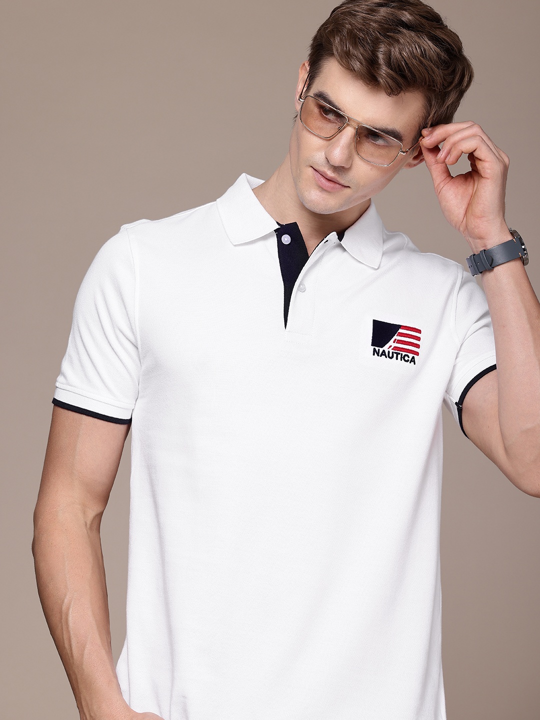 

Nautica Brand Logo Embroidered Polo Collar Pure Cotton T-shirt, White