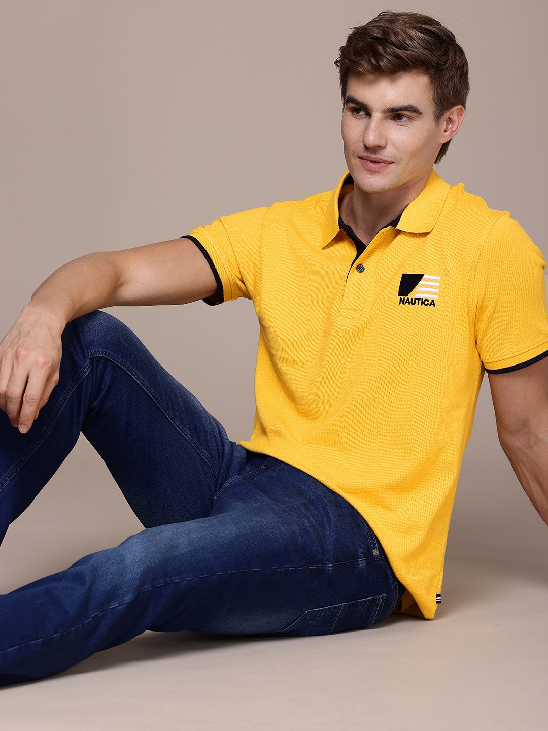 

Nautica Brand Logo Embroidered Polo Collar Pure Cotton T-shirt, Yellow