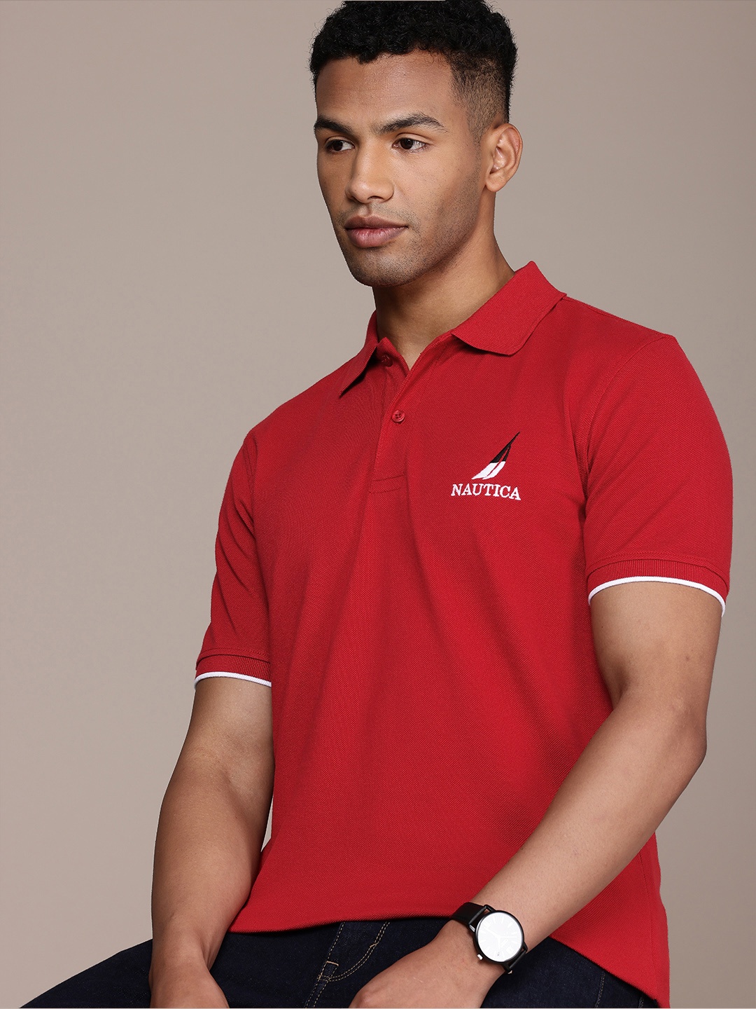 

Nautica Brand Logo Embroidered Polo Collar Pure Cotton T-shirt, Red