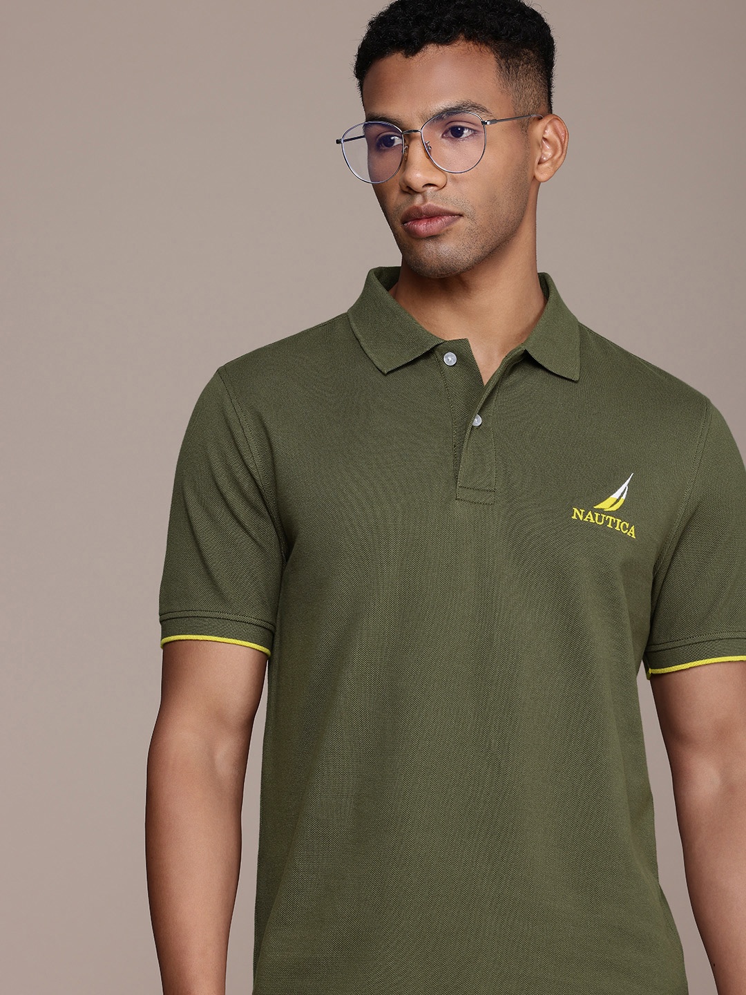 Nautica Brand Logo Embroidered Polo Collar Pure Cotton T-shirt, Olive