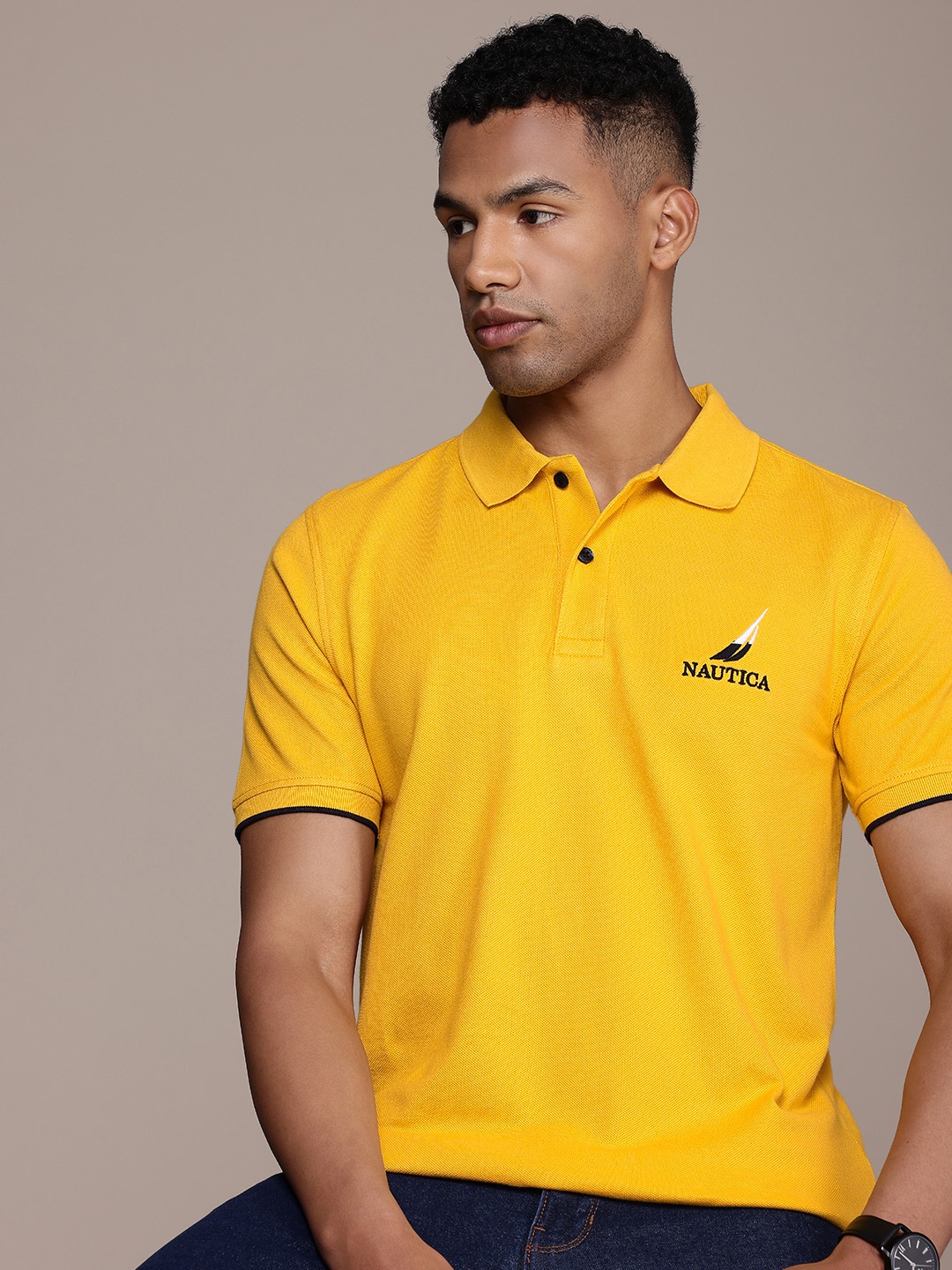 

Nautica Brand Logo Embroidered Polo Collar Pure Cotton T-shirt, Yellow
