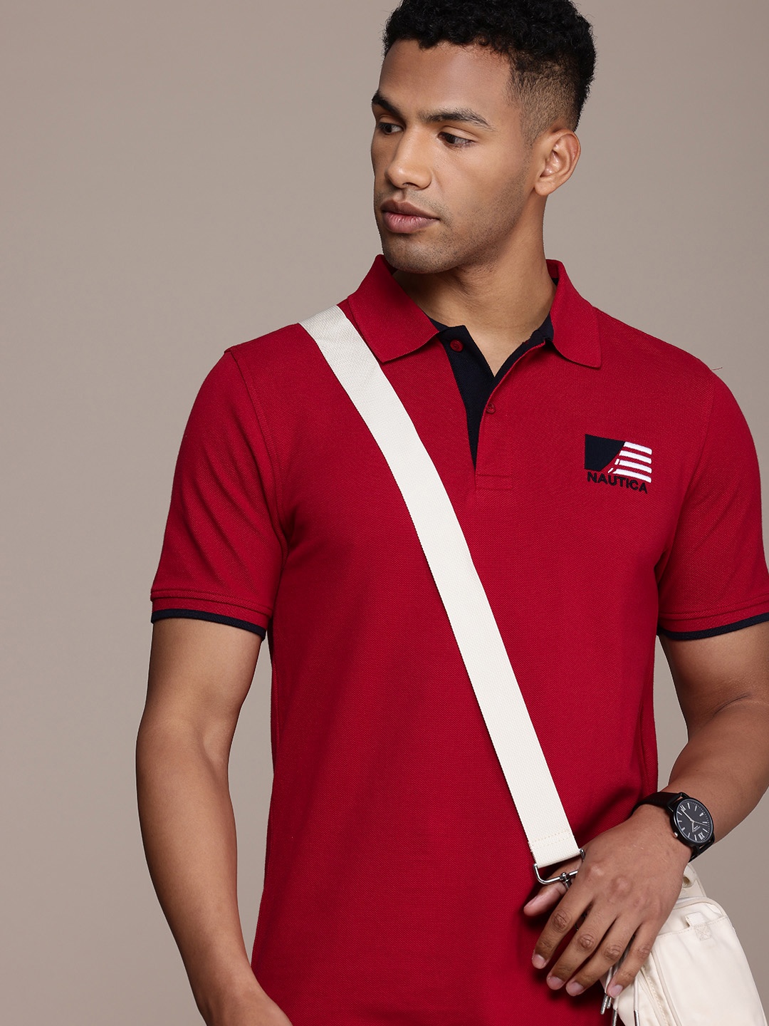 

Nautica Brand Logo Embroidered Polo Collar Pure Cotton T-shirt, Red