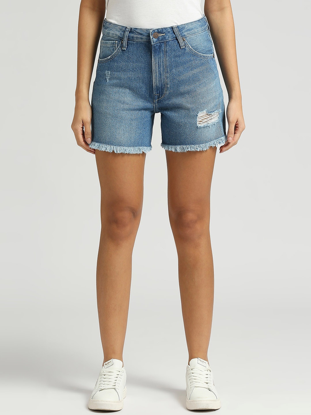 

Pepe Jeans Women Washed High-Rise Pure Cotton Denim Shorts, Blue