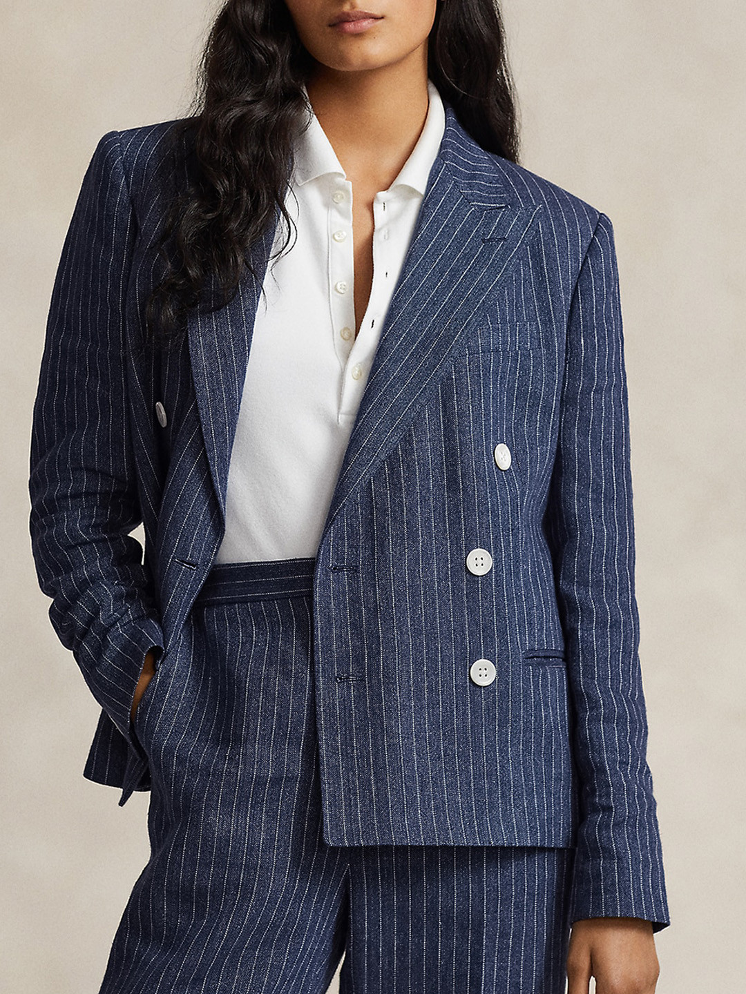

Polo Ralph Lauren Striped Pure Linen Slim Fit Double Breasted Casual Blazer, Navy blue
