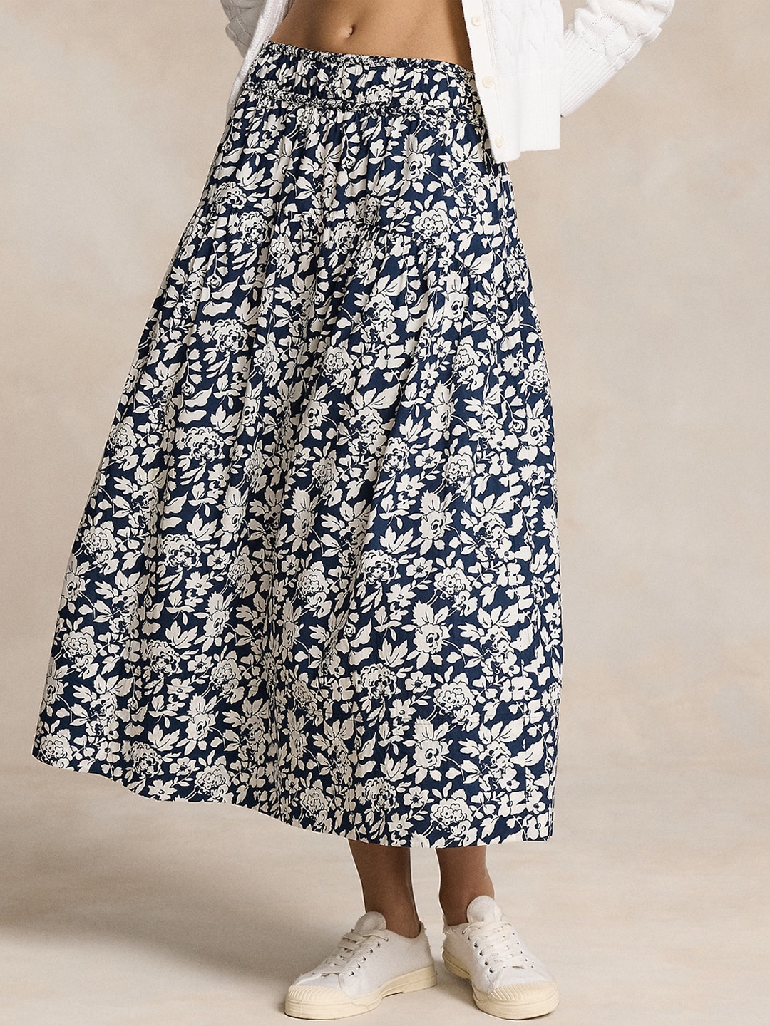 

Polo Ralph Lauren Floral Printed Pure Cotton A-Line Maxi Skirt, Navy blue