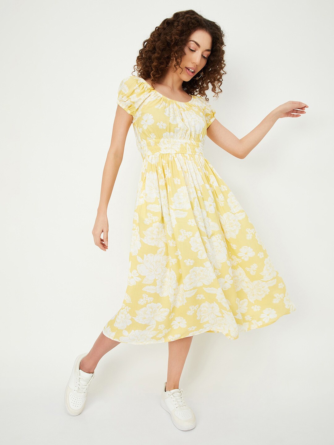 

max Floral Printed Round Neck Short Sleeves A-Line Dress, Yellow