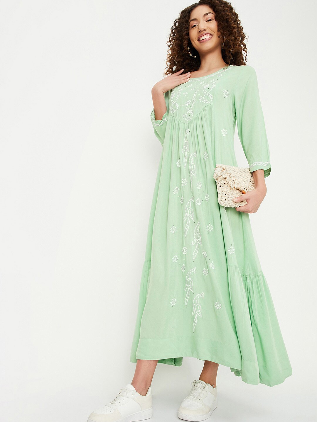 

max Floral Printed Round Neck Regular Sleeves Maxi Dress, Green