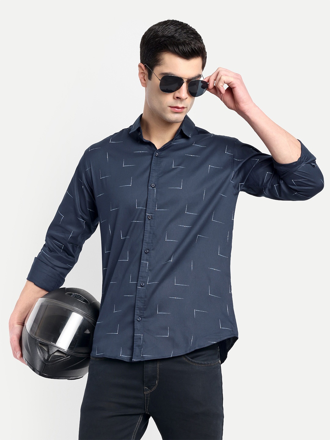 

S-LINE Classic Abstract Printed Cotton Casual Shirt, Navy blue