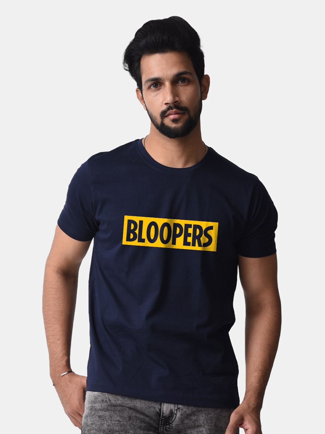 

Bloopers Store Typography Printed Round Neck Short Sleeves Cotton T-shirt, Navy blue