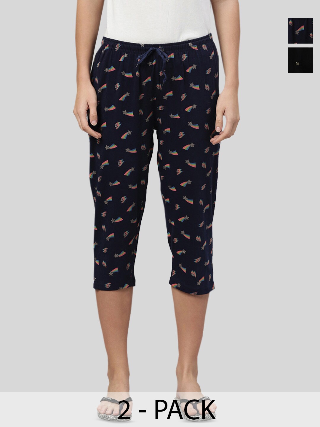 

Kryptic Women Pack of 2 Printed Cotton Capris, Navy blue