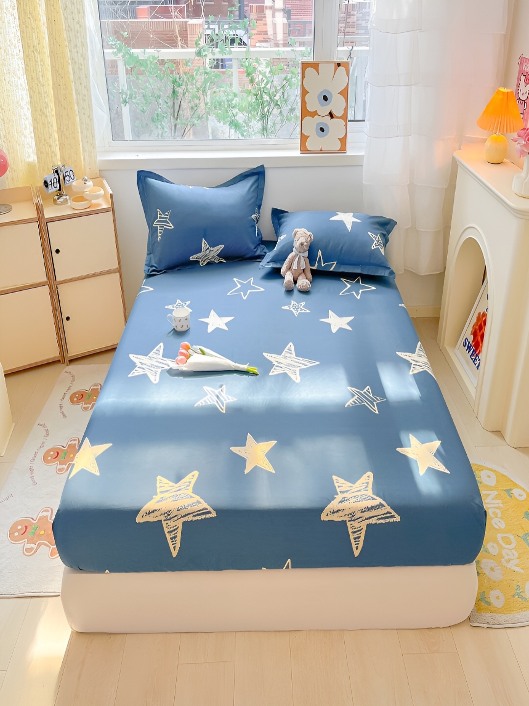 

JC HOME Blue Geometric Cotton Fitted 220 TC Single Bedsheet With 1 Pillow Cover