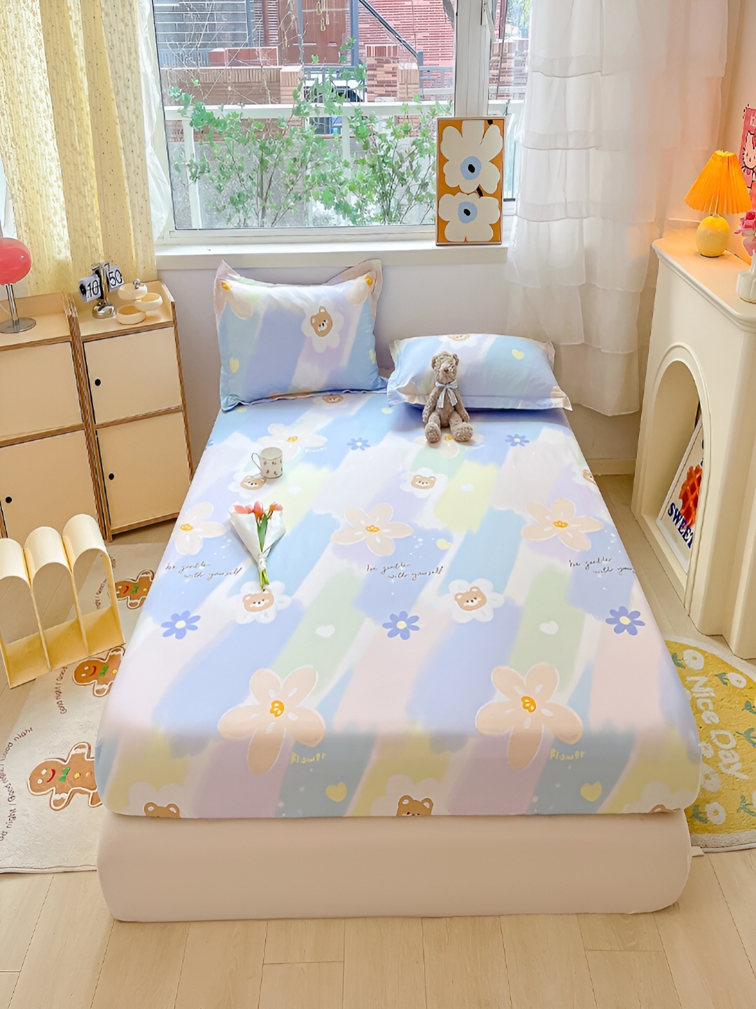 

JC HOME Blue Floral Cotton Fitted 220 TC Single Bedsheet With 1 Pillow Cover