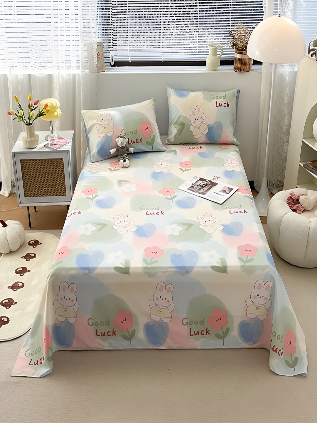 

JC HOME White Cartoon Characters 200 TC Cotton Single Bedsheet with 1 Pillow Cover