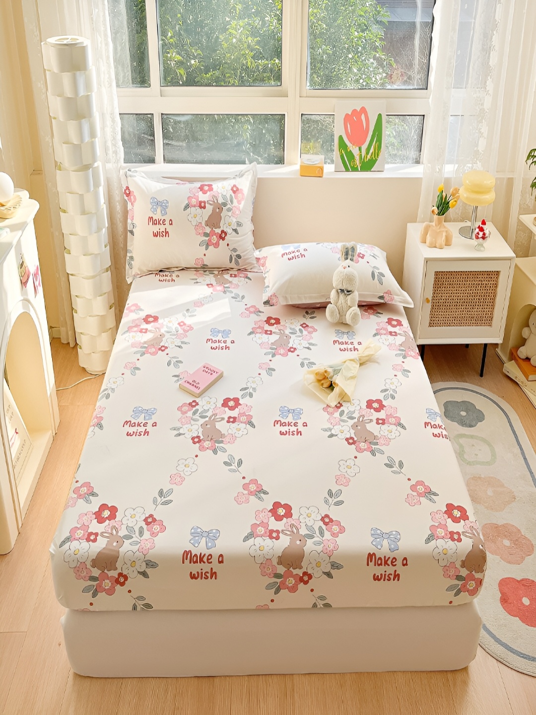 

JC HOME White & Red Floral Cotton Fitted 220 TC Single Bedsheet with 2 Pillow Cover