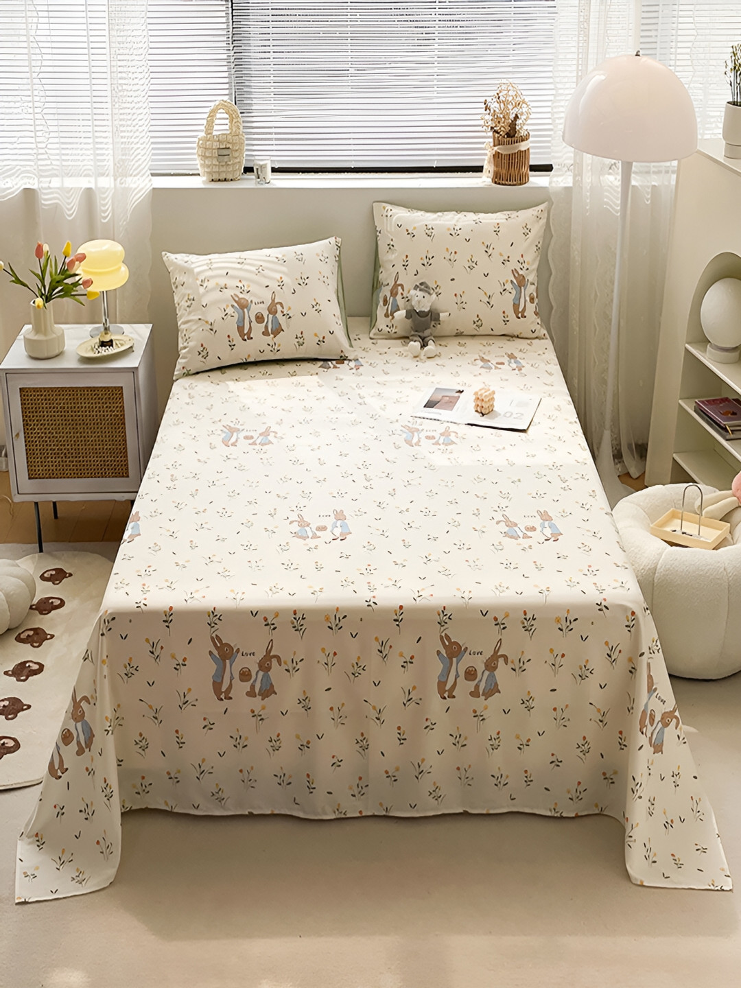 

JC HOME Cream & Green Floral Cotton 200 TC Single Bedsheet With 1 Pillow Cover