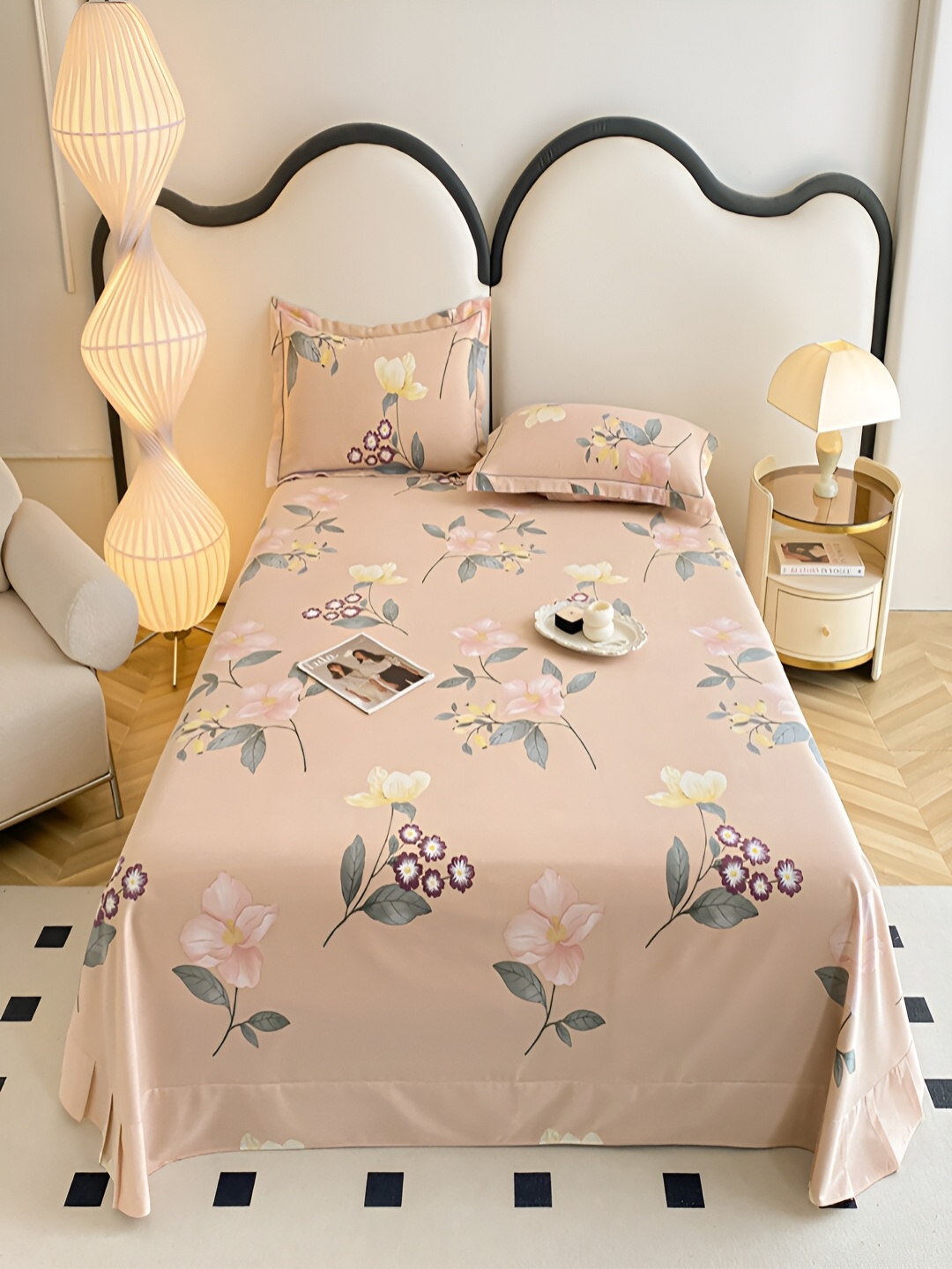 

JC HOME Peach & Pink Floral 230 TC Cotton Single Bedsheet & 2 Pillow Covers