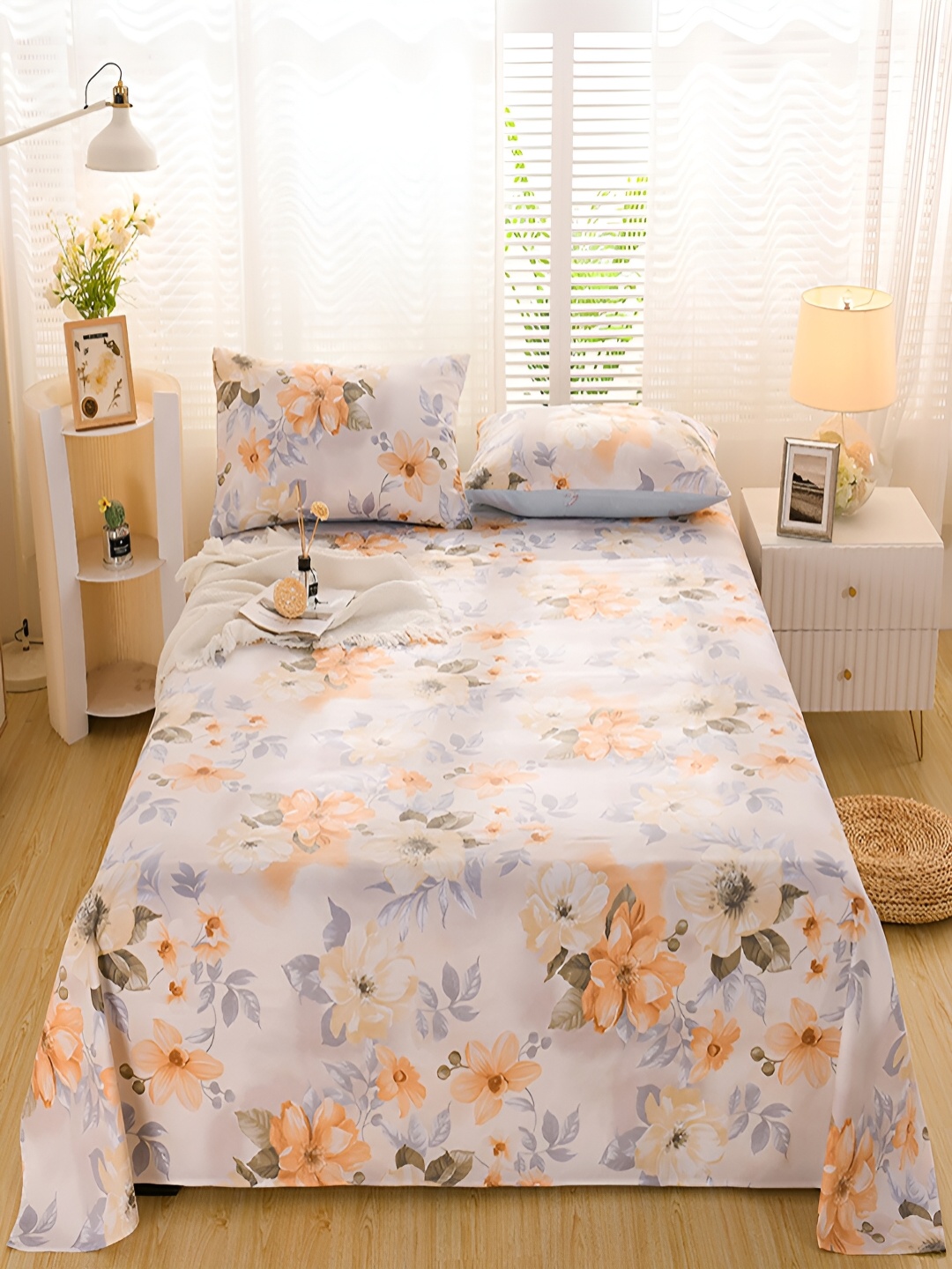 

JC HOME Peach Coloured & Orange Floral 220 TC Single Bedsheet with Pillow Cover