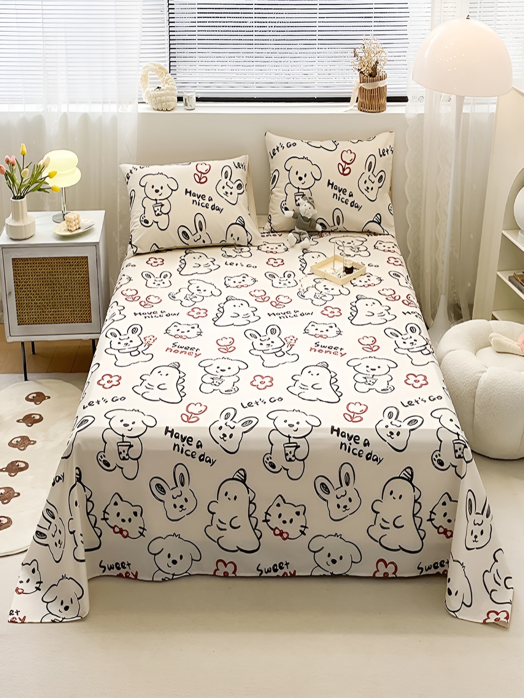 

JC HOME White Cartoon Characters Cotton 200 TC Queen Bedsheet with 2 Pillow Covers