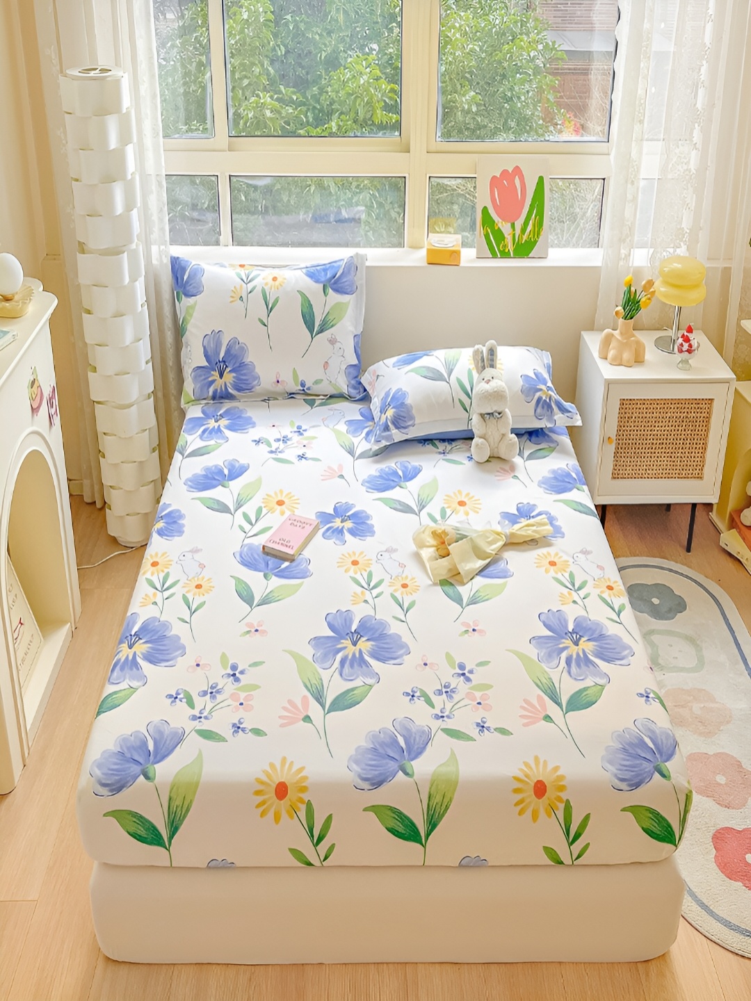 

JC HOME White & Purple Floral Cotton 220 TC Fitted Single Bedsheet & 1 Pillow Cover