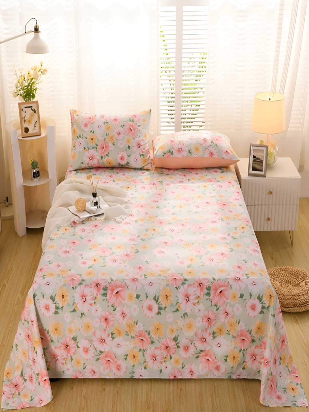 

JC HOME Grey & Pink Floral Cotton 220 TC Single Bedsheet With 1 Pillow Cover