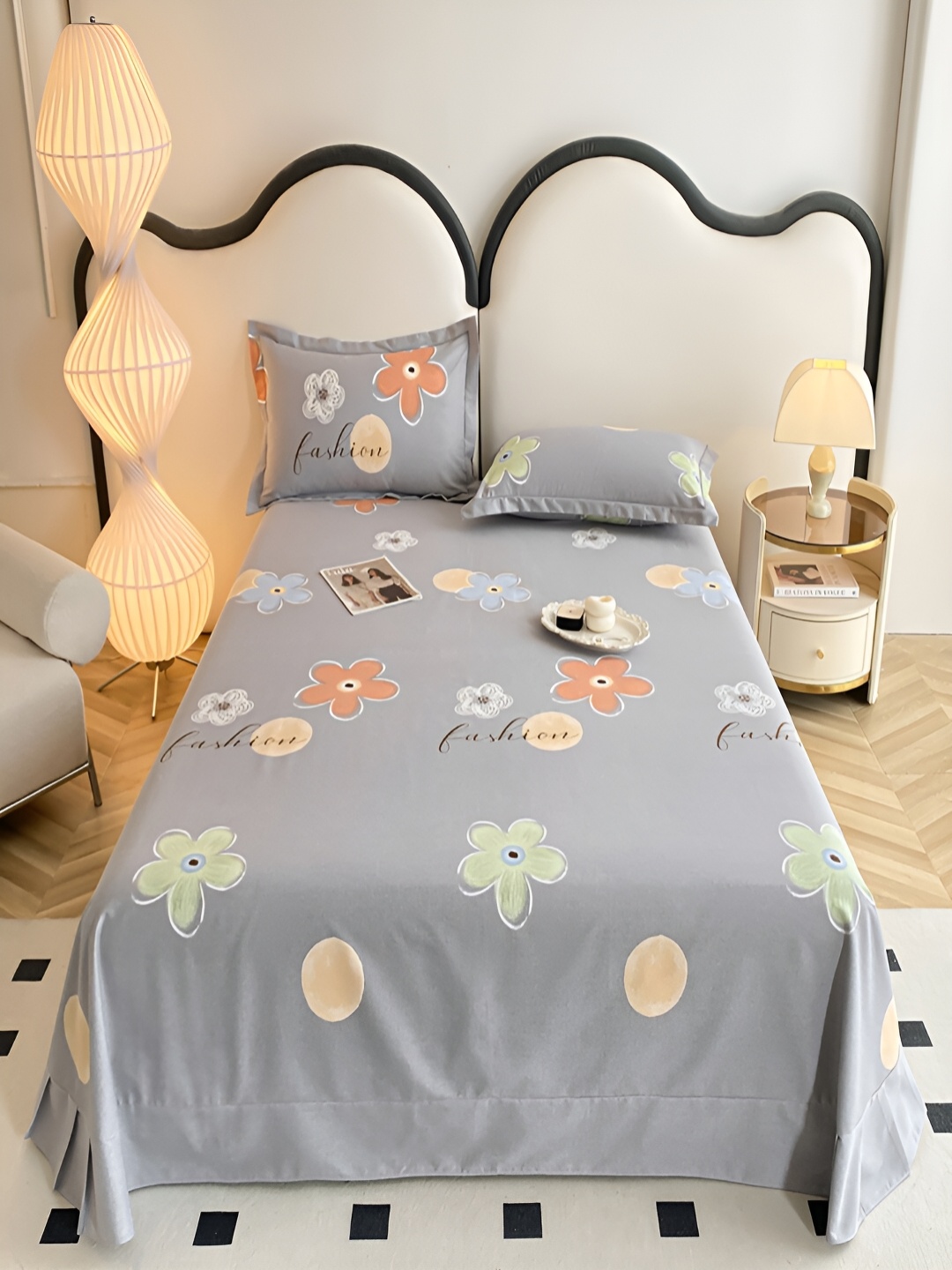

JC HOME Grey & Green Floral Cotton 230 TC King Bedsheet With 2 Pillow Covers