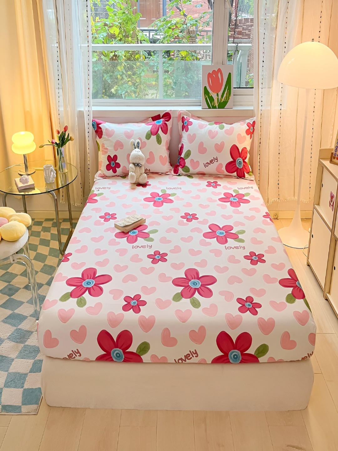 

JC HOME Pink & Green Floral 220 TC Cotton Fitted Queen Bedsheet With 2 Pillow Covers