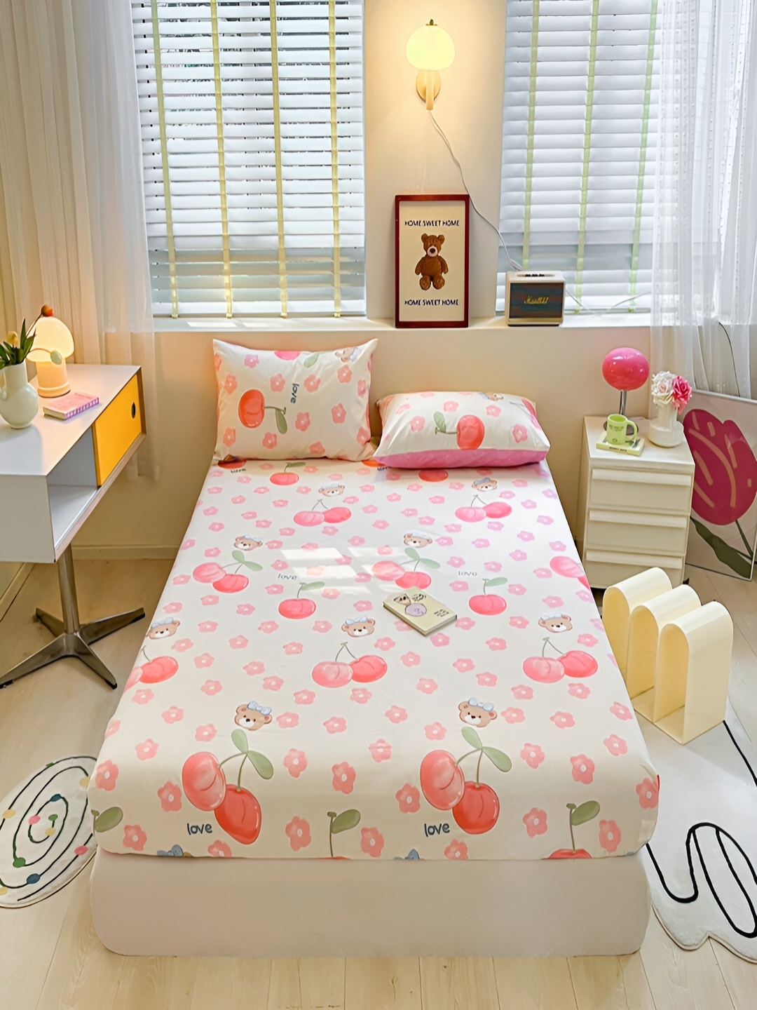 

JC HOME White & Pink Graphic Cotton 210 TC King Bedsheet With 2 Pillow Covers