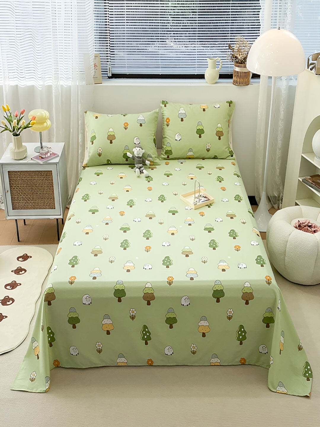 

JC HOME Green & White Geometric Cotton 200 TC Single Bedsheet With 1 Pillow Cover