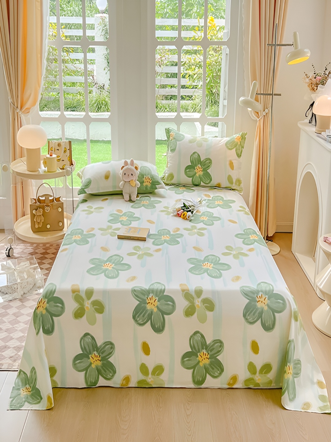 

JC HOME White & Green Floral Cotton 200 TC Queen Bedsheet With 2 Pillow Covers