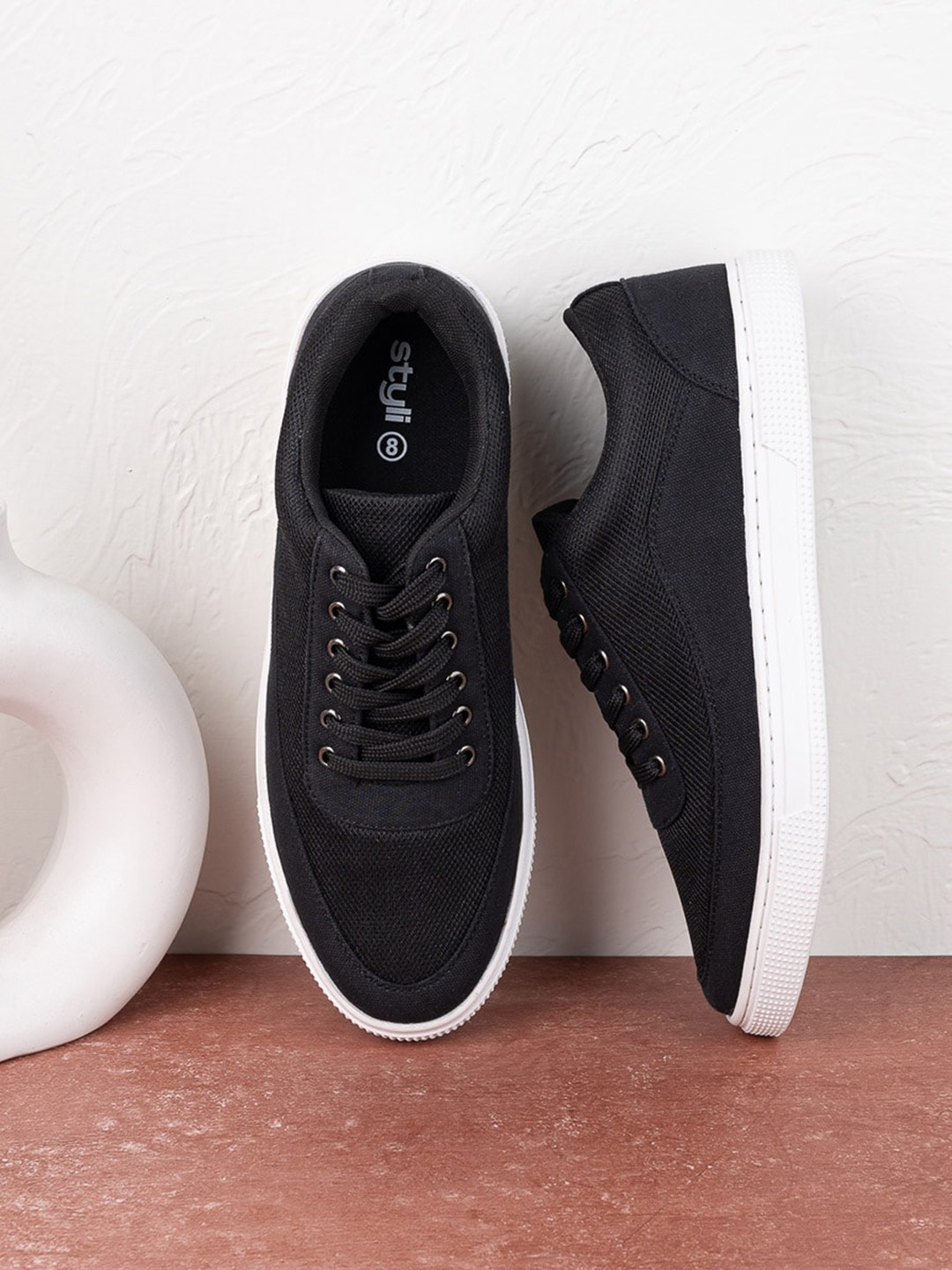 

Styli Men's Low Top Canvas Mesh Detail Lace Up Sneakers, Black