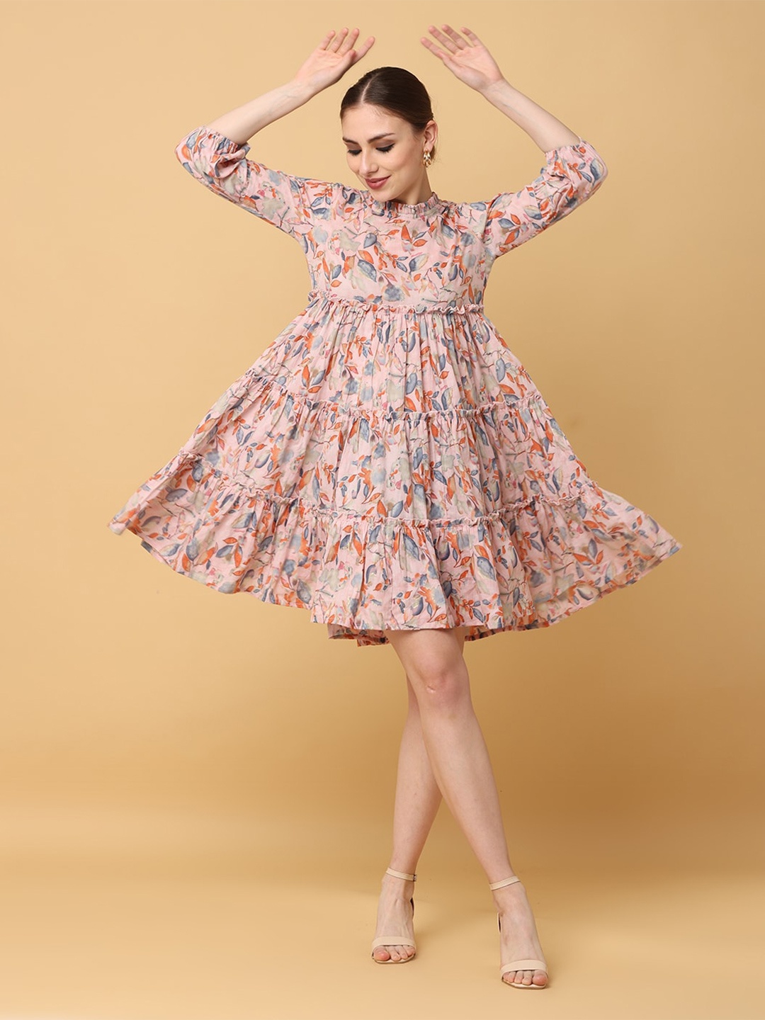 

Cora Floral Print Round Neck Puff Sleeves Tiered Fit & Flare Dress, Pink