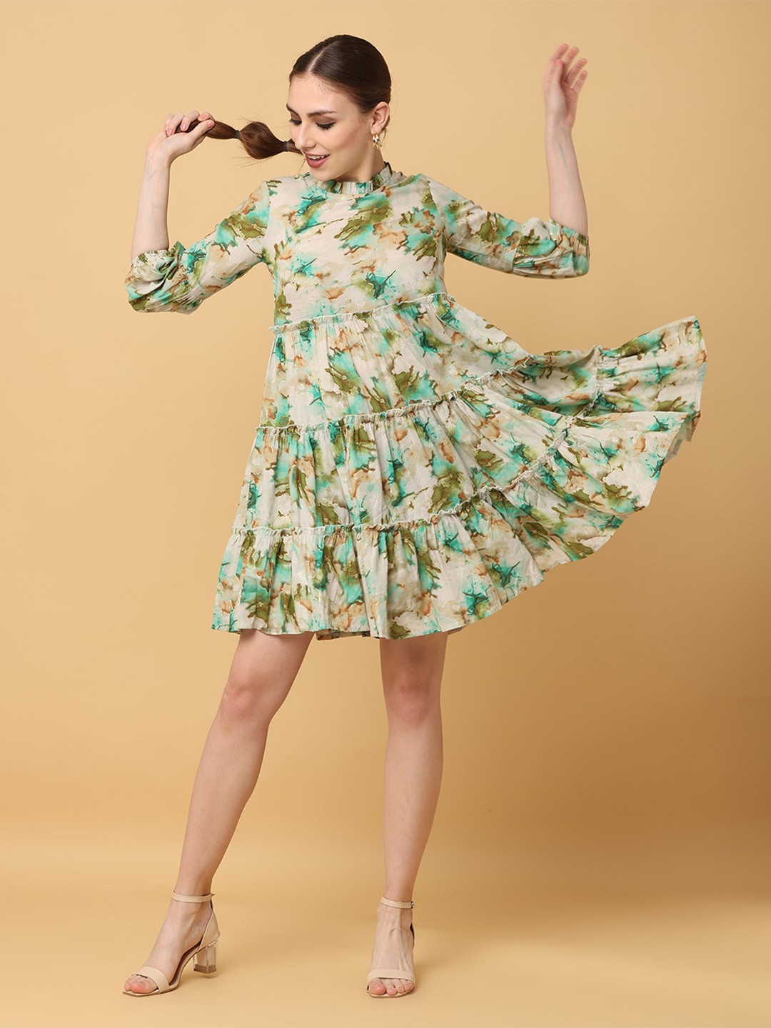Cora Floral Print Round Neck Puff Sleeves Tiered Fit & Flare Dress, Green