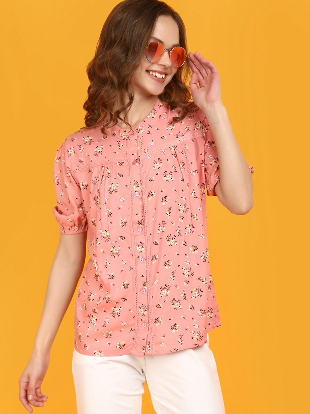 

V-Mart Floral Printed Band Collar Puff Sleeves Shirt Style Top, Pink