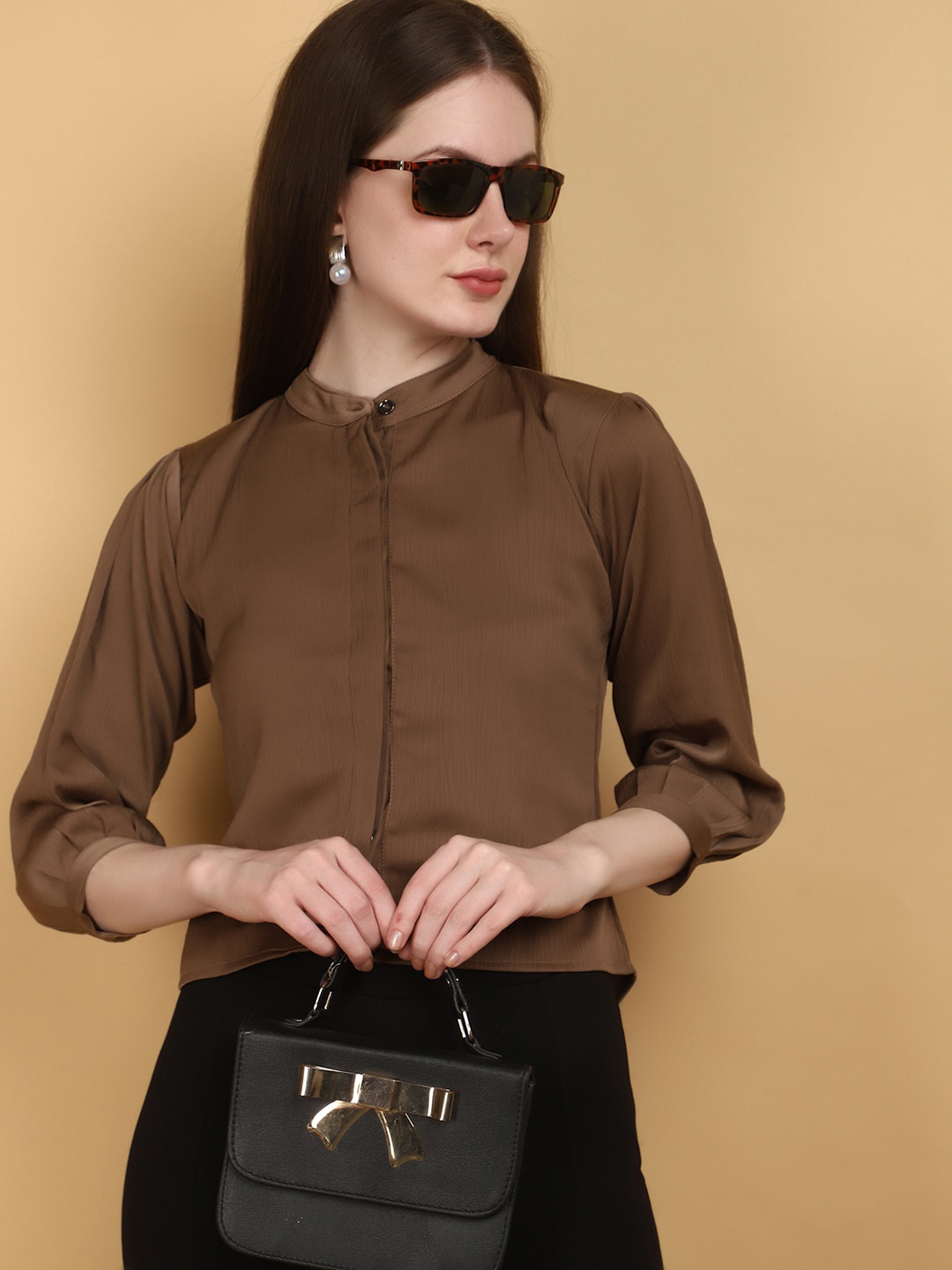 

V-Mart Mandarin Collar Satin Shirt Style Top, Brown