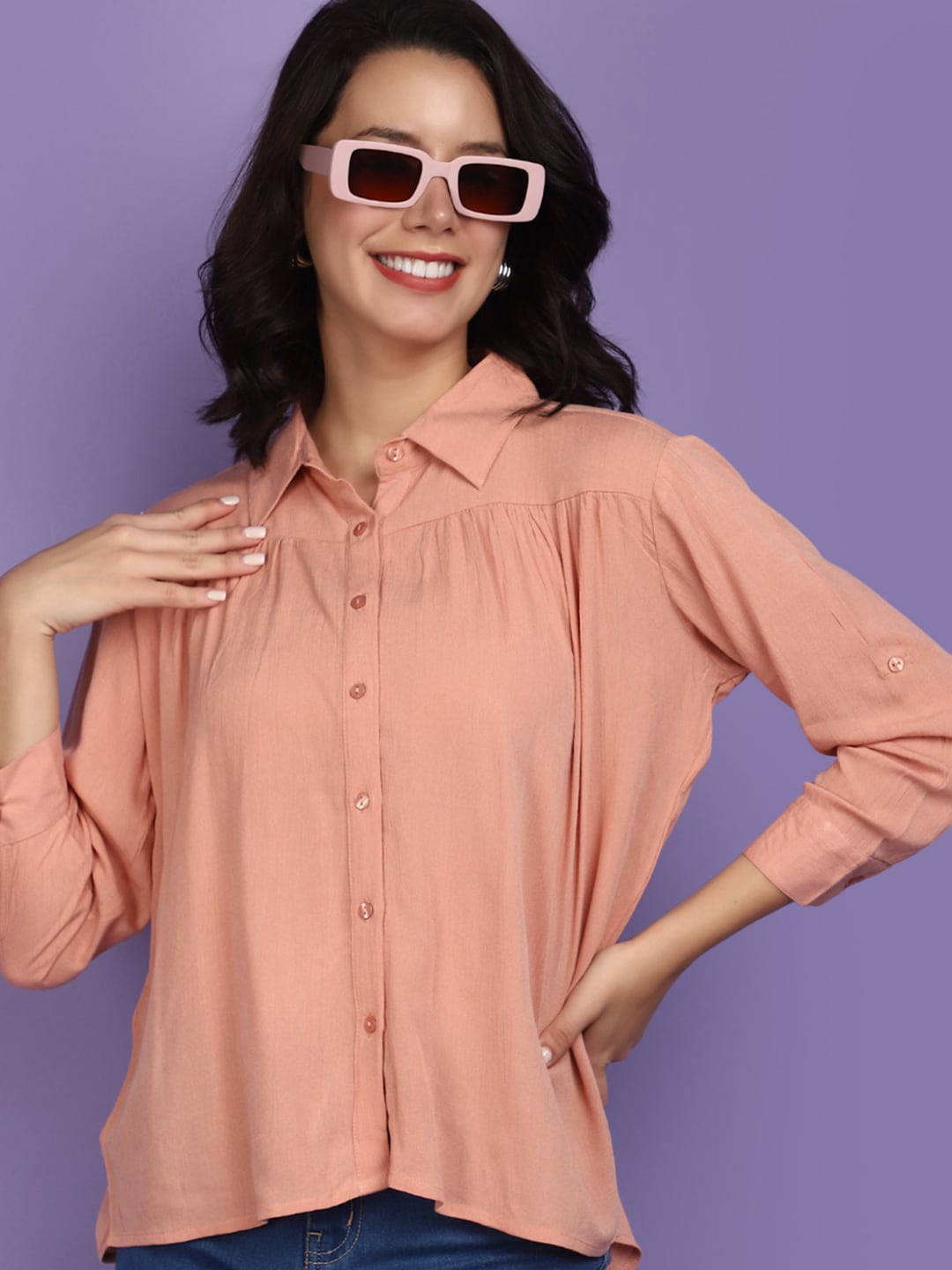 

V-Mart Shirt Collar Cuffed Sleeves Shirt Style Top, Peach