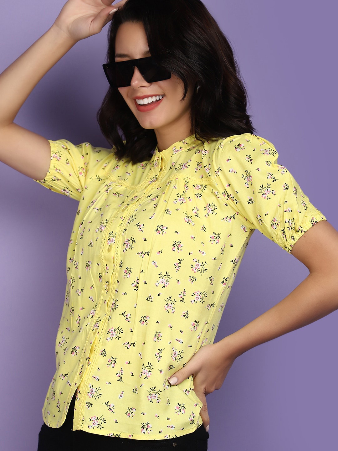 

V-Mart Floral Printed Band Collar Puff Sleeves Shirt Style Top, Yellow