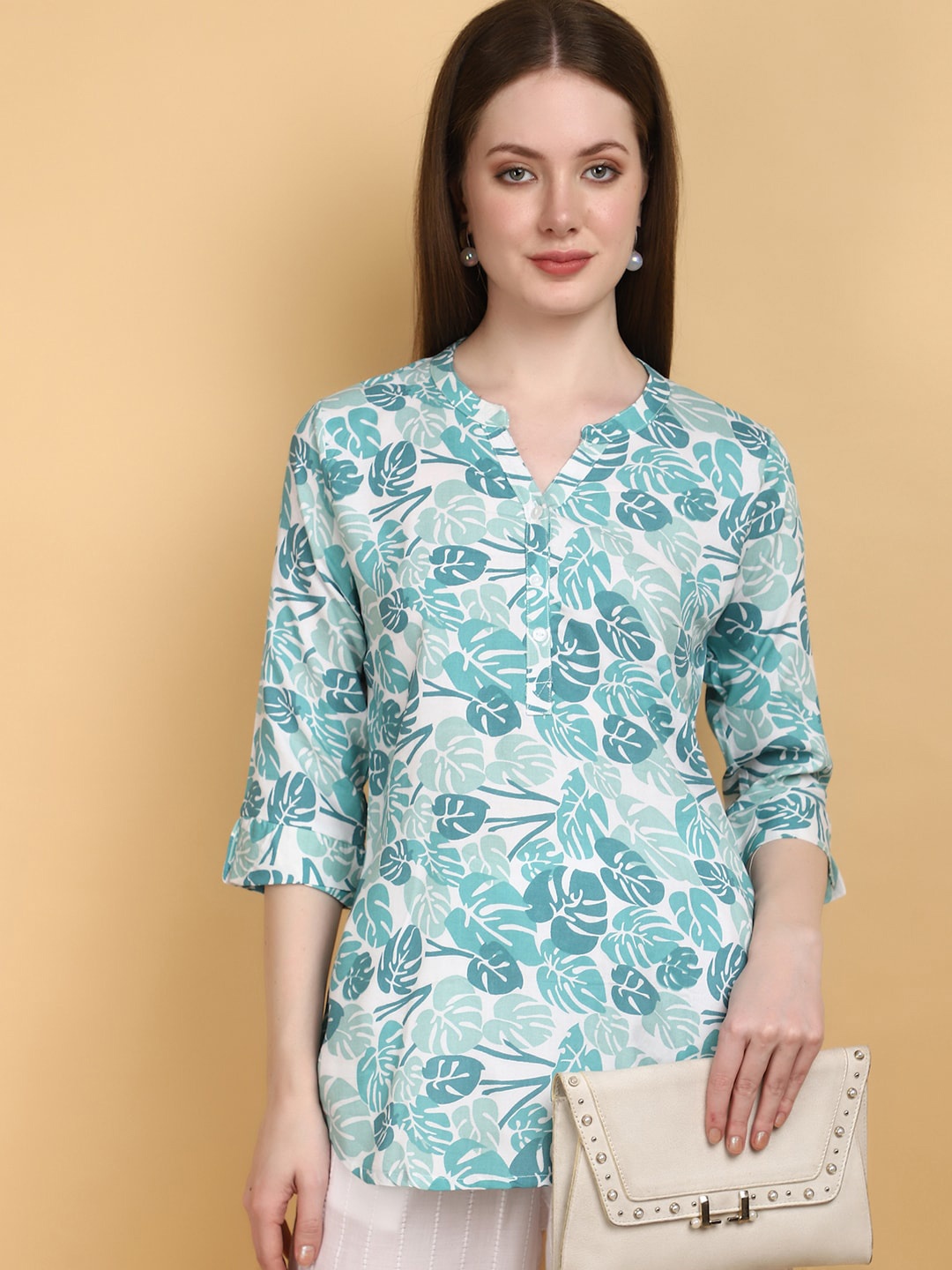 

V-Mart Floral Printed Mandarin Collar Shirt Style Top, Blue
