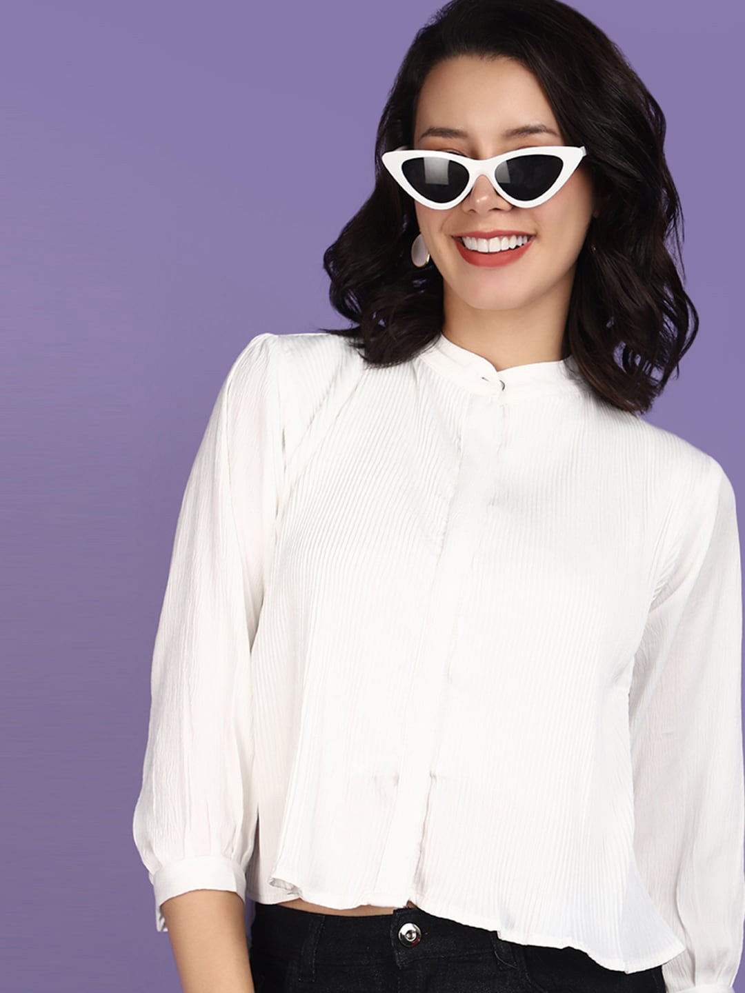 

V-Mart Striped Mandarin Collar Cotton Crop Shirt Style Top, White