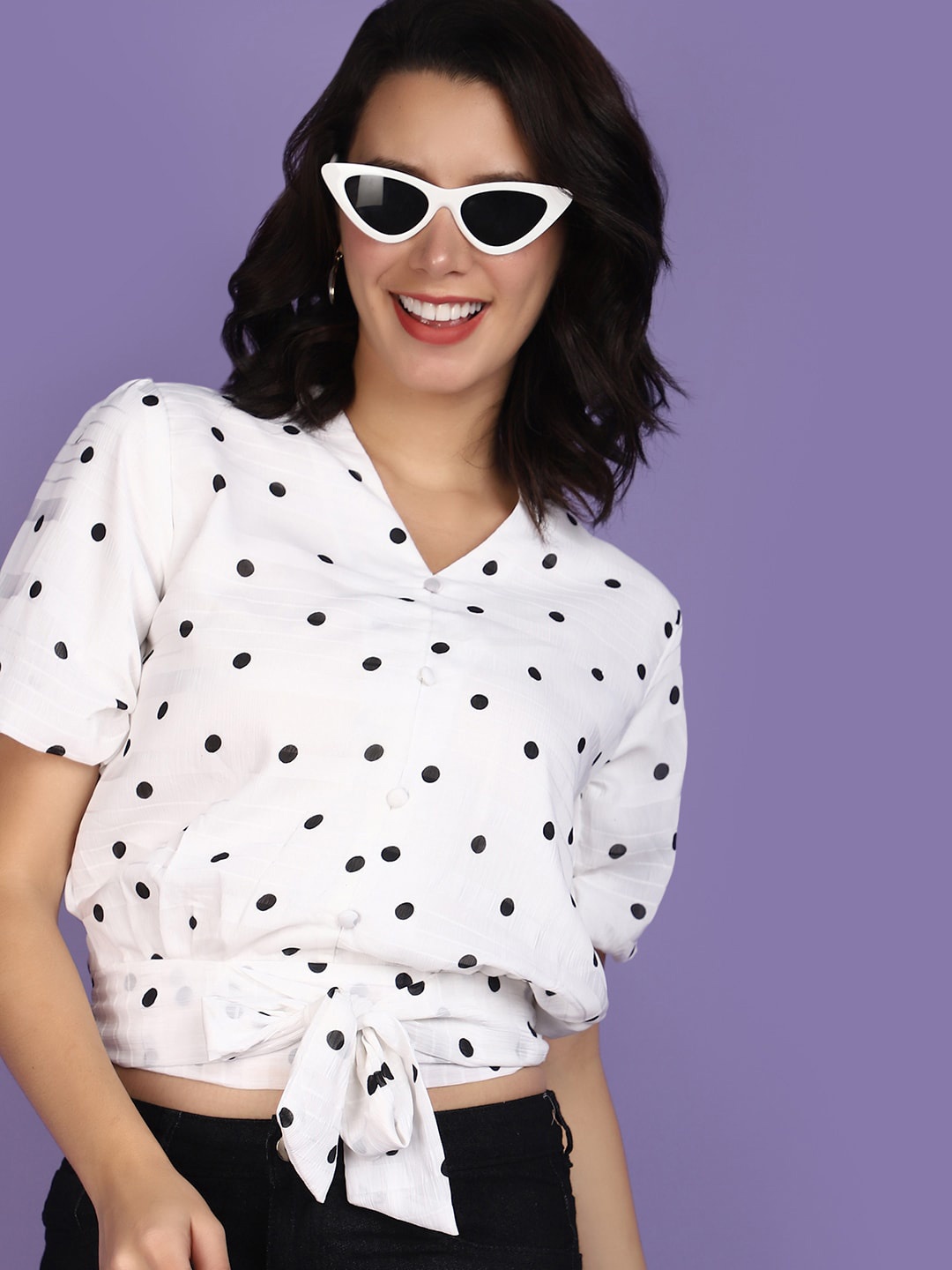 

V-Mart Waist Tie-Up Polka Dot Printed Puff Sleeves Shirt Style Crop Top, White