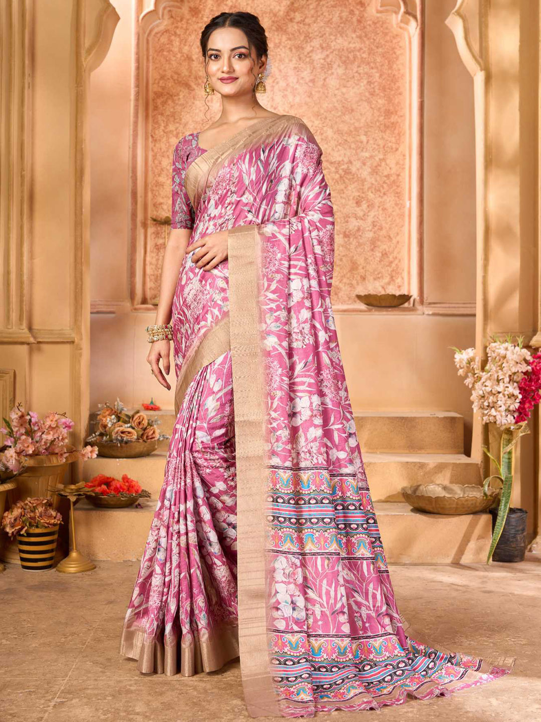 

KALINI Floral Zari Mysore Silk Saree, Pink