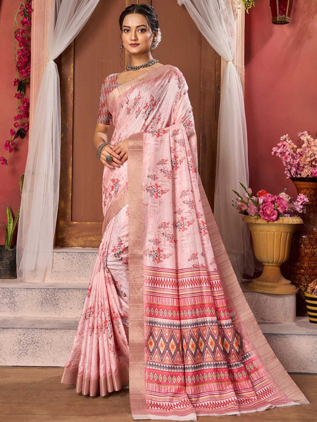 

KALINI Floral Zari Block Print Saree, Pink